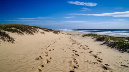 Bright blue skies and soft sandy beaches, footprint. AI generated