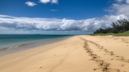 Bright blue skies and soft sandy beaches, footprint. AI generated