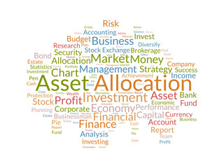 Word cloud background concept for Asset allocation. Money management, financial market strategy of business analysis. vector illustration.