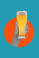 The art collage is a hand with a glass of beer on a blue background and a red circle.