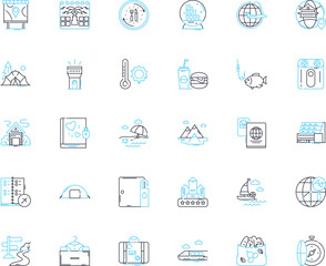 Camping sites linear icons set. Wilderness, Adventure, Glamping, Campfire, Nature, Relaxation, Exploration line vector and concept signs. Bonfire,Outdoors,Rustic outline illustrations