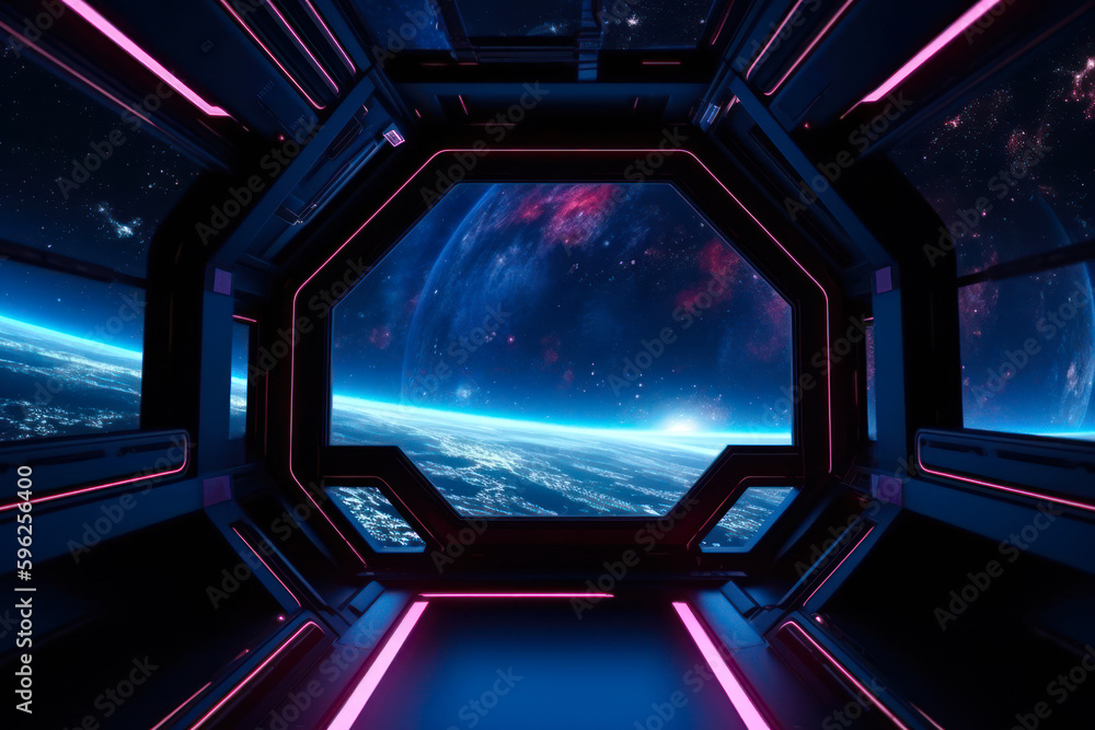 Poster sci-fi display scene, space from the windows of a spaceship generative ai