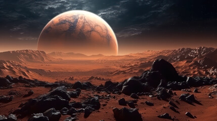 Fototapeta na wymiar exploration of the planet mars, red planet landscape generative ai