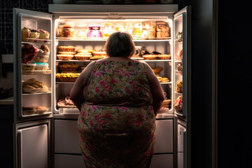 fat woman at the fridge, obesity overweight generative ai - obrazy, fototapety, plakaty