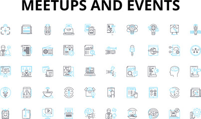 Meetups and events linear icons set. Nerking, Workshop, Conference, Gathering, Speaker, Exhibition, Seminar vector symbols and line concept signs. Symposium,Panel,Hackathon illustration