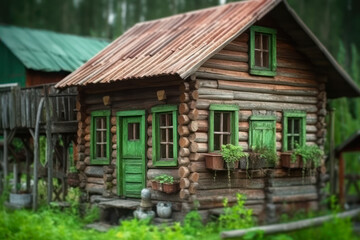 Fototapeta na wymiar old wooden eco house in forest generative ai
