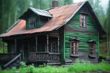 old wooden eco house in forest generative ai