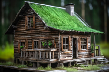 Fototapeta na wymiar old wooden eco house in forest generative ai