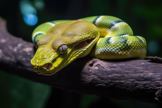 Close up of juvenile Green Tree Python, bright yellow with brown markings curled around a branch