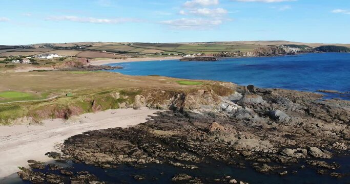 Aerial View Of South Milton Sands In Background In Thurlestone. Slow Ascending Shot