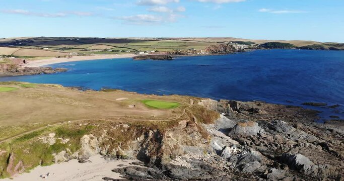 Aerial View Of South Milton Sands In Background In Thurlestone. Slow Dolly Forward