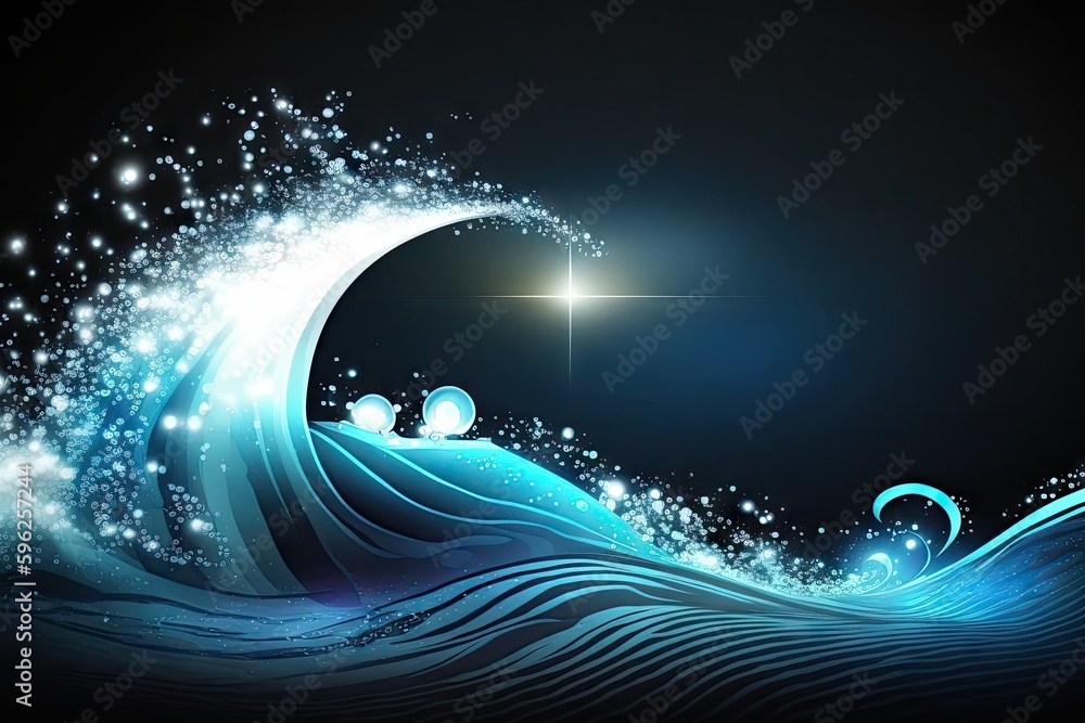 Wall mural blue wave background with shining light reflections and sparkles, created with generative ai