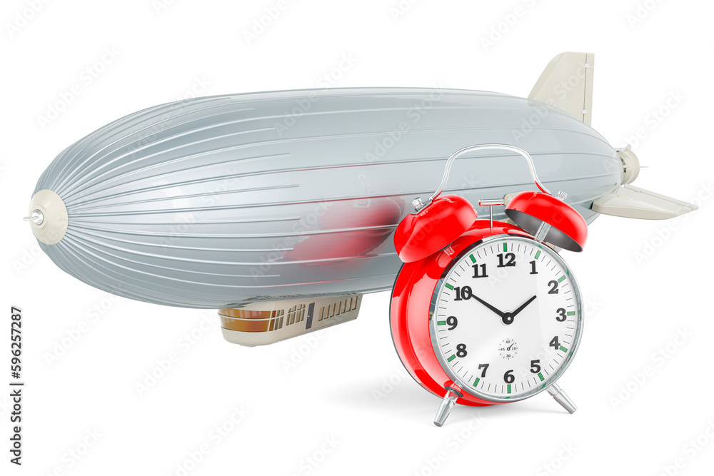 Poster airship or dirigible balloon with alarm clock, 3d rendering