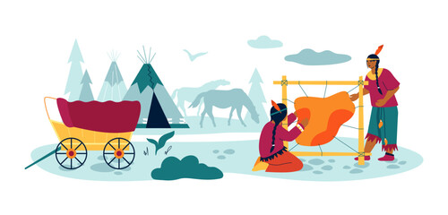 Life of an American tribe - modern colored vector illustration