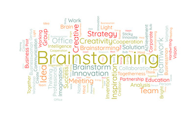Fototapeta premium Word cloud background concept for Brainstorming. Creative innovation, brainstorm idea, strategy of business success. vector illustration.
