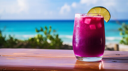 Obraz premium Purple Haze cocktail on background with blue sea and sky tropical background. Generative AI