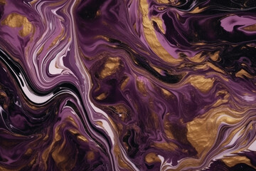 Contemporary Marbling Background. Liquid Swirls in Beautiful Purple and Black colors, with Gold Powder 