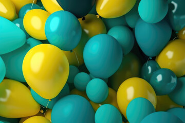Teal, Turquoise and Yellow Balloons Rising in the Air. Colorful, Carnival Background