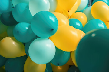 Teal, Turquoise and Yellow Balloons Rising in the Air. Colorful, Carnival Background