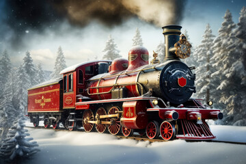 Fototapeta na wymiar Old illuminated steam locomotive driving at night through a dreamlike snowy forest at christmas time, Generative AI
