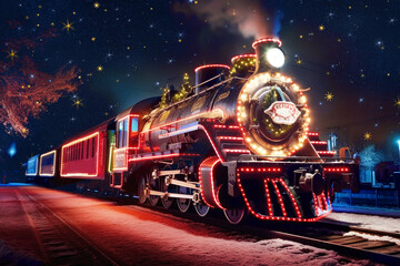 Old illuminated steam locomotive driving at night through a dreamlike snowy forest at christmas time, Generative AI