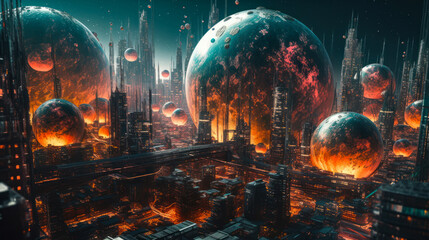 futuristic urban city, psychedelic abstract cityscape planet on future generative ai