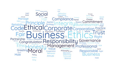 Word cloud background concept for Business Ethics. Corporate integrity, Company principle moral trust of responsibility value. vector illustration.