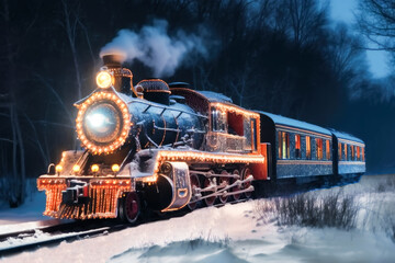 Old christmas illuminated steam locomotive driving at night through a dreamlike snowy forest at christmas time, Generative AI