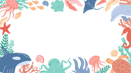 Background with sea inhabitants with place for text useful to use for invitations, promotion, sales. Frame with shells, corals, jellyfish, octopus and other marine animals.
