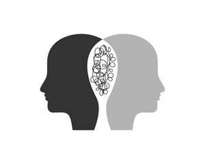 Human head silhouette with floral pattern. Black and white vector illustration.