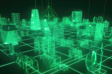 Smart Grid and Communication Concept. Green, Futuristic Digital Style. 3D Render