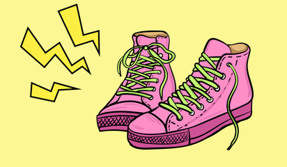 Pop art vector graphic illustration of the sneakers. Hand-drawn vector illustration.