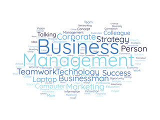 Word cloud background concept for Business Management. corporate communication with marketing solution concept. vector illustration.