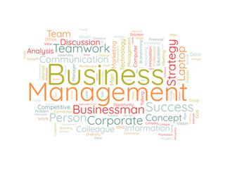 Word cloud background concept for Business Management. corporate communication with marketing solution concept. vector illustration.
