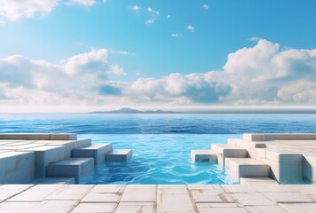 Fototapeta na wymiar Water Background with White Concrete Block and Blue Sky - Generative AI
