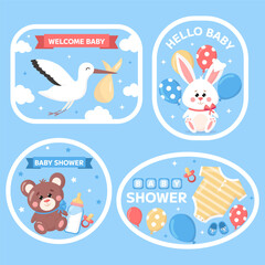 Vector baby shower stickers set. Cartoon childish toy bear, bunny, kids booties, pacifier, bottle labels on blue background. Badges for event.
