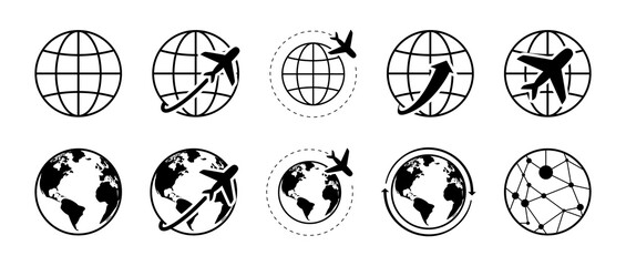 Globe and planet with airplane travel. Logistics, travel signs