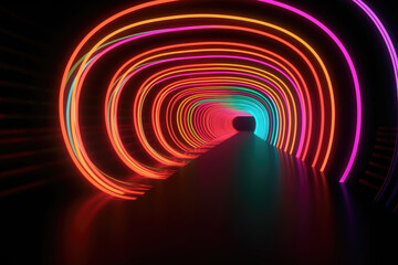Orange, Pink and Green Colored Stripes form Wavy Neon Lights Tunnel. 3D Render