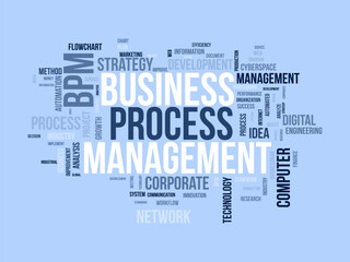 Word cloud background concept for business process management (bpm). strategic business analysis, industry implement idea of financial system solution. vector illustration.