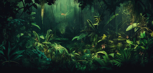 Fototapeta premium Deep tropical jungles. Dense forest landscape. Generative AI