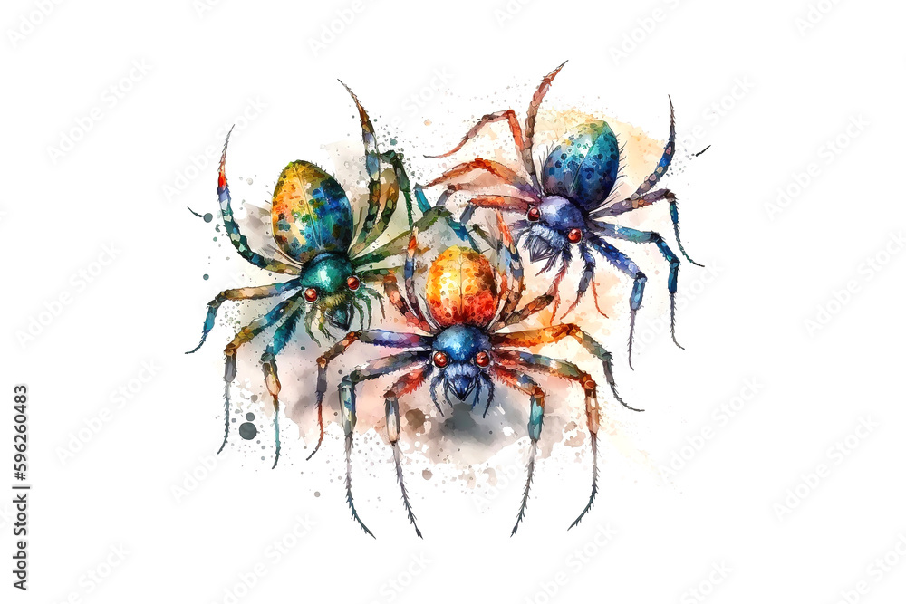 Poster spiders are drawn with multi-colored watercolors isolated on a white background. generated by ai