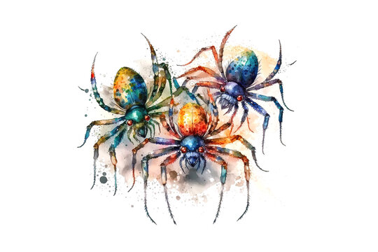 spiders are drawn with multi-colored watercolors isolated on a white background. Generated by AI