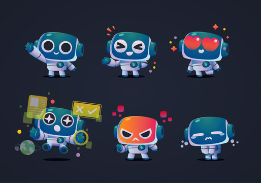 set of cartoon character minimal clean modern robots mascot	
