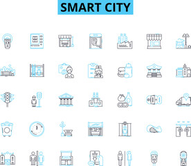 Smart city linear icons set. Innovations, Sustainability, Connectedness, Efficiency, Technology, Mobility, Accessibility line vector and concept signs. Livability,Safety,Interoperability outline