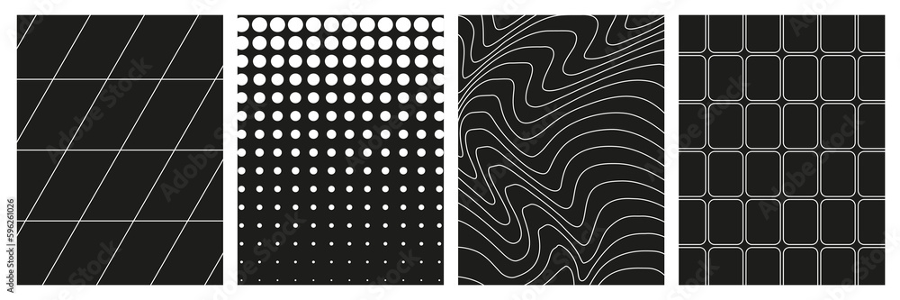 Poster set of geometry wireframe grid backgrounds in white color on black background. 3d abstract posters, 