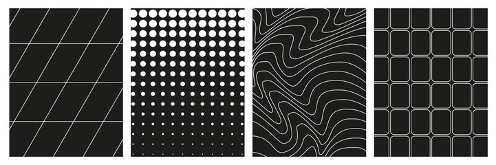Set of geometry wireframe grid backgrounds in white color on black background. 3D abstract posters, patterns, cyberpunk elements in trendy psychedelic rave style. 00s Y2k retro futuristic aesthetic. - obrazy, fototapety, plakaty