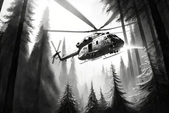 sketched helicopter flying over forest, with rays of sunlight shining through the treetops, created with generative ai