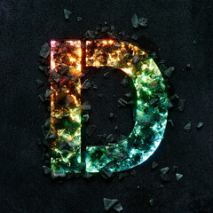 High quality photo of multicolored gradient neon colors capital letter D on black textured background with black stones.
