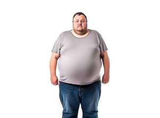 Obese or overweight man posing, full body, isolated on white background. shallow depth of field, Illustrative Generative AI, not a real person.