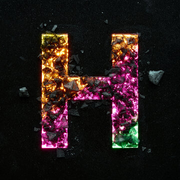 High quality photo of multicolored gradient neon colors capital letter H on black textured background with black stones.